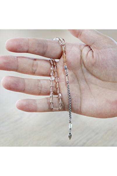 Tesbihane Non-Tarnish Metal Tassel Capsule Cut Transparent White Ankle Length Tightening Amber Prayer Beads