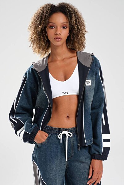 tw3 Γυναικείο τζιν μπουφάν με λεπτομερή σχεδίαση με ρίγες