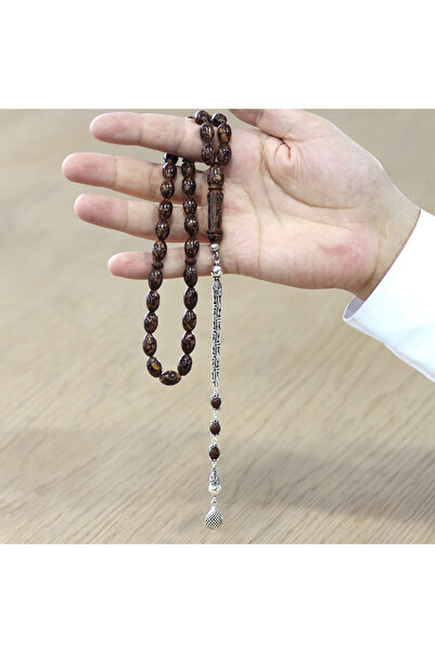 Tesbihane 925 Ayar Gümüş Kral Zincir Püsküllü Arpa Kesim Kahverengi Kokulu Tarçın Ağacı Tesbih