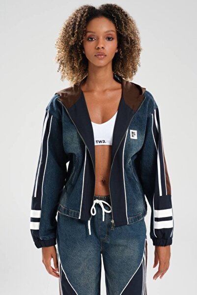 tw3 Jachetă de damă din denim cu design cu dungi