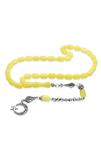 Tesbihane Non-Tarnish Metal Cage Chain Tassel Capsule Cut Yellow White Moire Beirut Amber Prayer Beads