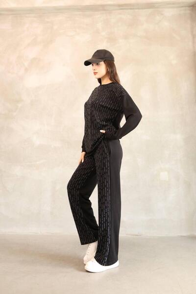 HEDEF DAİSY Women's Top and Bottom Set Tracksuit Black Color Stoned Oversize Modal Fabric Comfortable Model