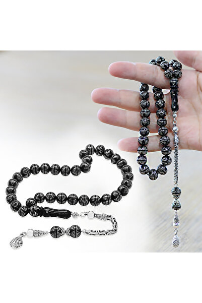 Tesbihane Erzurum Oltu Taşı Tesbih - 925 Ayar Gümüş Kral Püsküllü - Yoğun Gümüş Yıldız İşlemeli - Küre Kesim