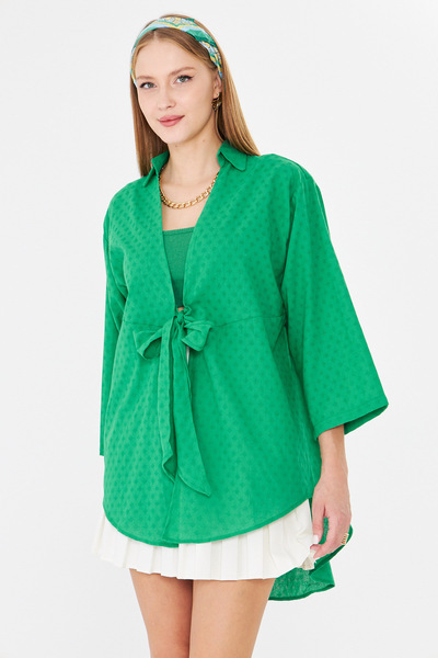 armonika Women's Green Front Tie Kimono Shirt Arm-25Y001108