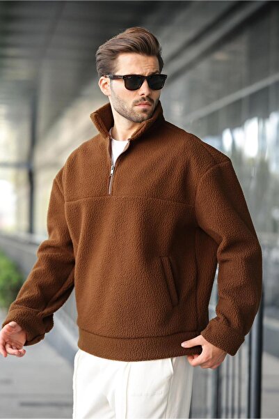 Madmext Kahverengi Yarım Fermuarlı Dik Yaka Polar Sweatshirt E7165