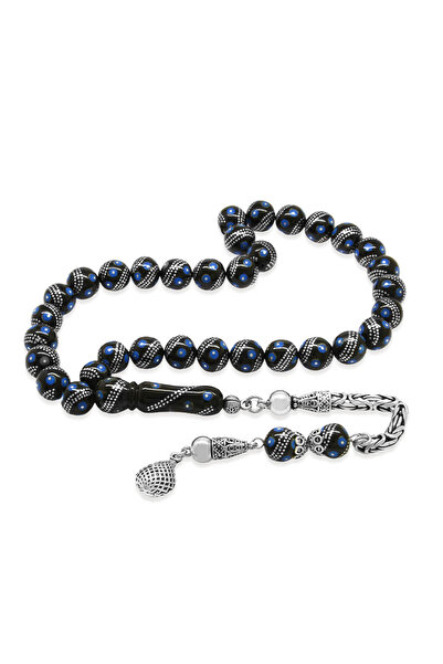 Tesbihane Erzurum Oltu Taşı Tesbih - 925 Ayar Kral Zincir Püsküllü - Gümüş Firuze İşlemeli - Küre Kesim