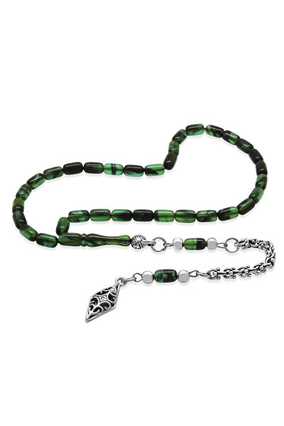 Tesbihane Non-Tarnish Metal Albanian Tassel Capsule Cut Green Black Ankle Length Fire Amber Prayer Beads