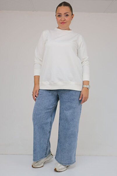 Eslina 9182-8 Plus Size Elastic Waist Wide Leg Pants - Snow Wash Blue