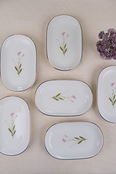 tabakevi Tabak Evi Porcelain Natura Broadcloth Gold Gilded Oval Boat Plate 18X11X2,50Cm 6 Li