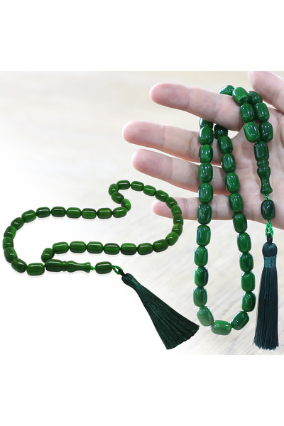 Tesbihane Ottoman Palace Tassel Rod Crimped Amber Prayer Beads Maxi Size Maroon Green Capsule Cut