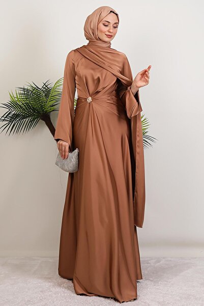 GİYZAMİLA Medusa Saten Abiye Sütlükahve