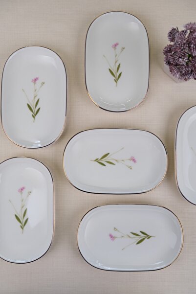 tabakevi Tabak Evi Porcelain Natura Broadcloth Gold Gilded Oval Boat Plate 18X11X2,50Cm 6 Li