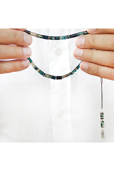 Tesbihane Ateş Kehribar Tesbih - 925 Ayar Gümüş Püsküllü - Bilek Boy - Mavi Beyaz Renk - Kesme Kesim