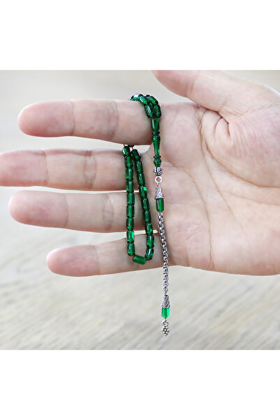 Tesbihane Non-Tarnish Metal Albanian Chain Tassel Capsule Cut Green Wrist Length Fire Amber Prayer Beads