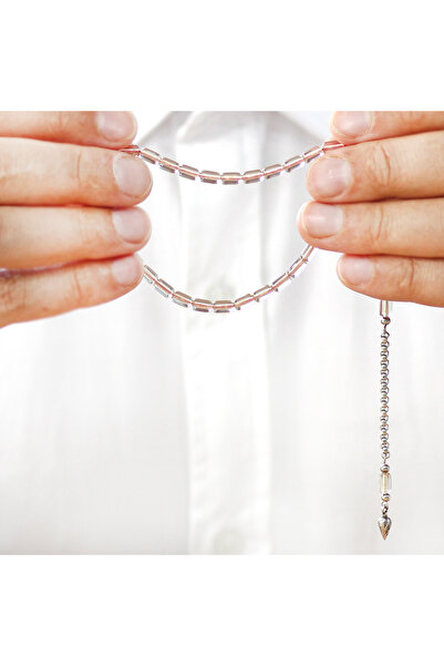 Tesbihane Non-Tarnish Metal Tassel Capsule Cut Transparent White Ankle Length Tightening Amber Prayer Beads