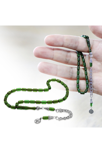 Tesbihane Fire Amber Prayer Beads - Non-Tarnish Metal Tassel - Wrist Length - Green Color - Capsule Cut