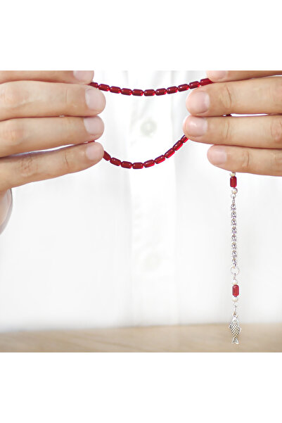 Tesbihane Non-Tarnish Metal Albanian Tassel Capsule Cut Red Black Ankle-Length Fire Amber Prayer Beads