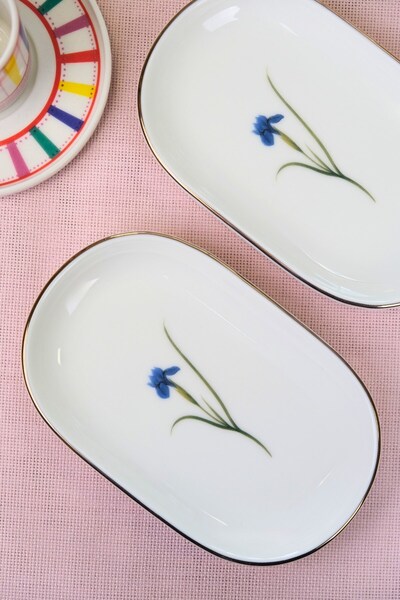 tabakevi Tabak Evi Porcelain Natura Iris Gold Gilded Oval Boat Plate 18X11X2,50Cm 2 Pieces