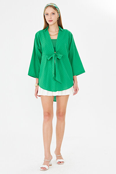 armonika Women's Green Front Tie Kimono Shirt Arm-25Y001108