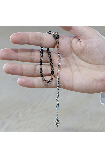 Tesbihane Fire Amber Prayer Beads - Non-Tarnish Metal with Albanian Tassels - Wrist Length - Black and White Color - Barley Cut