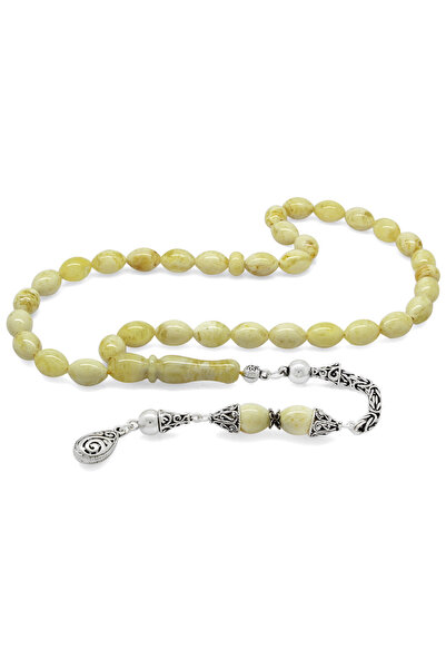 Tesbihane Damla Kehribar Tesbih - 925 Ayar Gümüş Kral Püsküllü - King Seccer - Arpa Kesim - Premium Kutulu