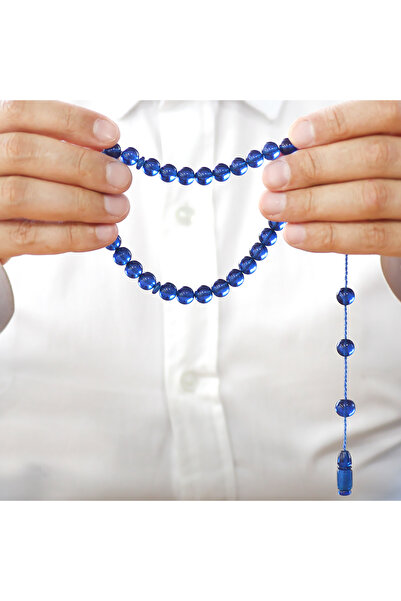 Tesbihane Systematic Sphere Cut Navy Blue Crimped Amber Prayer Beads