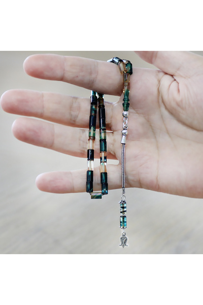 Tesbihane Ateş Kehribar Tesbih - 925 Ayar Gümüş Püsküllü - Bilek Boy - Mavi Beyaz Renk - Kesme Kesim