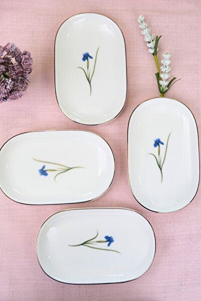 tabakevi Tabak Evi Porcelain Natura Iris Gold Gilded Oval Boat Plate 18X11X2,50Cm 4 Pcs