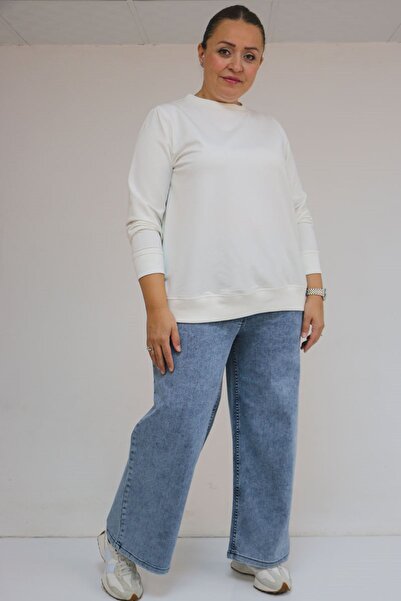Eslina 9182-8 Plus Size Elastic Waist Wide Leg Pants - Snow Wash Blue