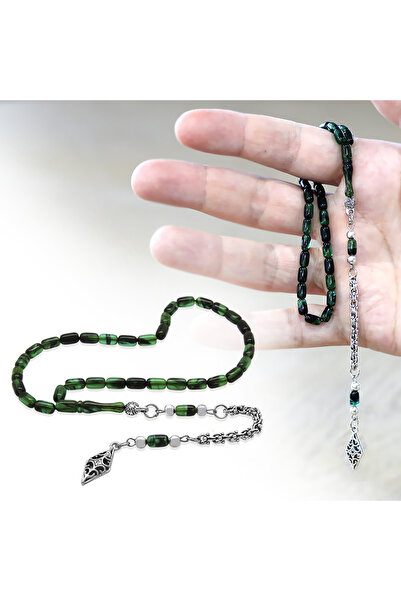 Tesbihane Non-Tarnish Metal Albanian Tassel Capsule Cut Green Black Ankle Length Fire Amber Prayer Beads