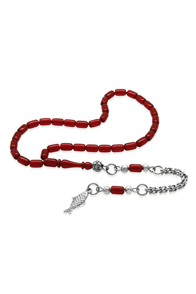 Tesbihane Non-Tarnish Metal Albanian Tassel Capsule Cut Red Black Ankle-Length Fire Amber Prayer Beads