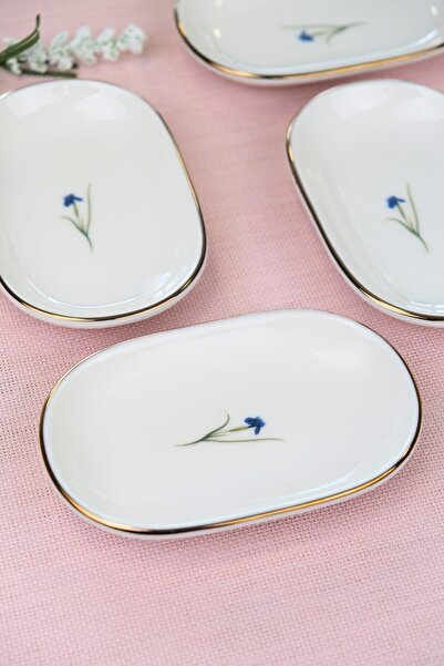 tabakevi Tabak Evi Porcelain Natura Iris Gold Gilded Oval Boat-Shaped Tray 14X9X2.50Cm 4 Pieces