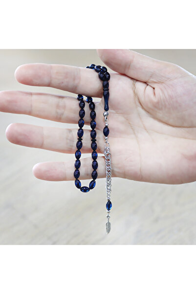 Tesbihane Stretchable Amber Prayer Beads - Non-Tarnish Metal Tassel - Wrist Length - Navy Blue Color - Barley Cut