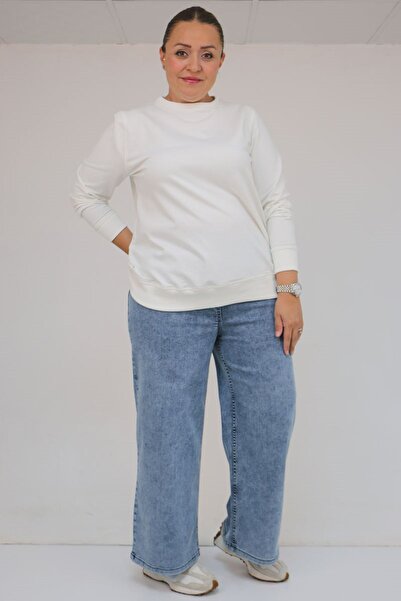 Eslina 9182-8 Plus Size Elastic Waist Wide Leg Pants - Snow Wash Blue