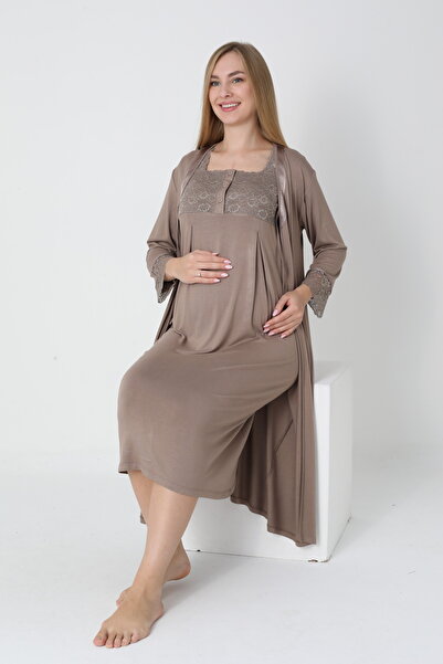 Miss Dünya Lissa Brown Lace Detailed Maternity and Postpartum Nightgown Set