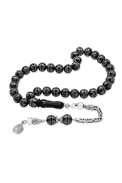 Tesbihane Erzurum Oltu Taşı Tesbih - 925 Ayar Gümüş Kral Püsküllü - Yoğun Gümüş Yıldız İşlemeli - Küre Kesim