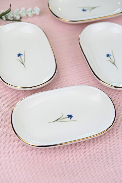 tabakevi Tabak Evi Porcelain Natura Iris Gold Gilded Oval Boat-Shaped Tray 14X9X2.50Cm 4 Pieces