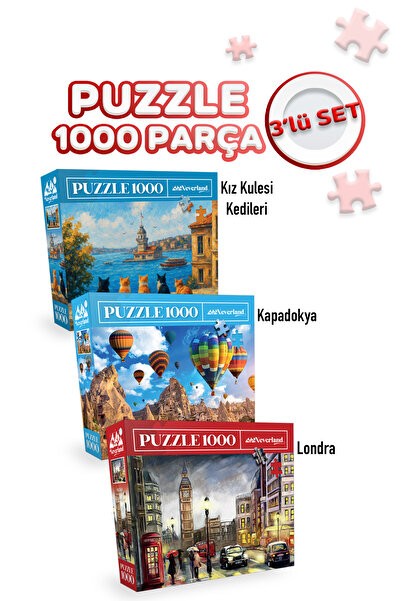 Neverland 3 ADET 1000 PARÇA PUZZLE - KIZ KULESİ KEDİLERİ VE KAPADOKYA VE LONDON