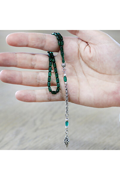 Tesbihane Fire Amber Prayer Beads - Non-Tarnish Metal with Albanian Tassels - Wrist Length - Green Color - Capsule Cut