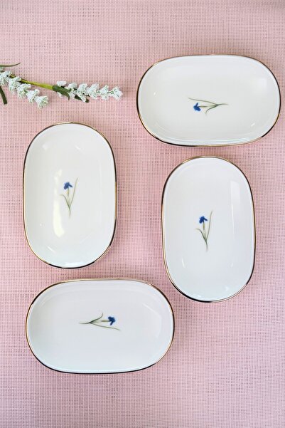 tabakevi Tabak Evi Porcelain Natura Iris Gold Gilded Oval Boat-Shaped Tray 14X9X2.50Cm 4 Pieces