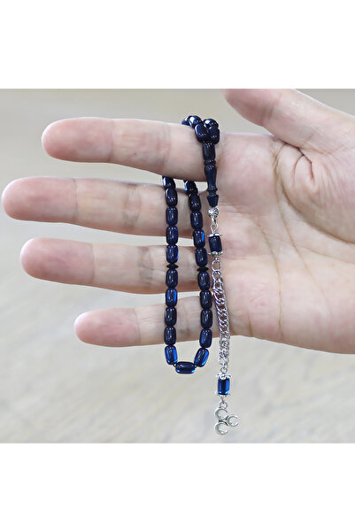 Tesbihane Crimped Amber Prayer Beads - Non-Tarnishing Metal Tassel - Wrist Length - Navy Blue Color - Capsule Cut