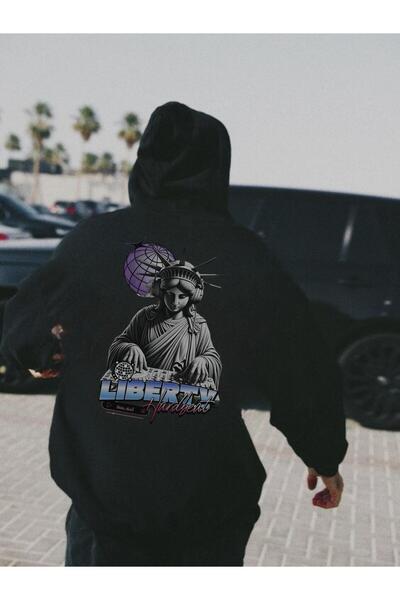 Le Savu ليبرتي مطبوع سويت شيرت أسود اللون بغطاء رأس