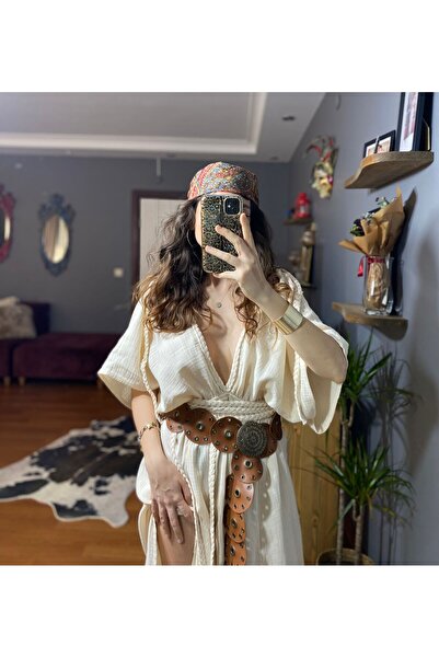 LUJJE Kadın Taba Renk Deri Madalyon Toka Kovboy Stil Kemer