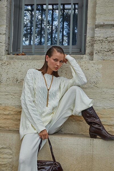 TENA Kadın Kemik Saç Örgülü Pantolon Salaş Triko Takım