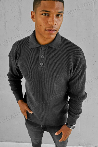 Millionaire Ανδρικό πουλόβερ από χειμερινό πλεκτό πουλόβερ με καπνιστό γιακά πόλο με κουμπιά