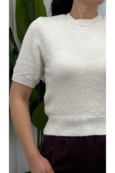 TUNAM BUTİK 4818 Crew Neck Sequin Detailed Knitwear Cream