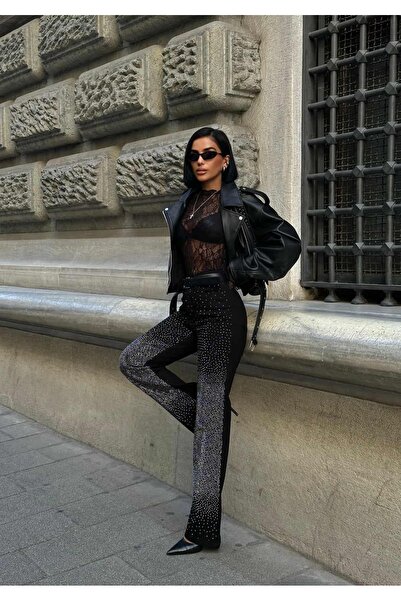 GLAMMOSS L'Atelier Taş Detaylı Siyah Yüksek Bel Palazzo Jean GLM-586