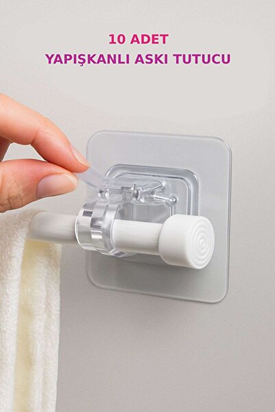 ELAMOUR Yapışkanlı Asma Çubuğu Klipsi Şeffaf Tutucu | Sopa Askısı Boru Tutucu 10 ADET