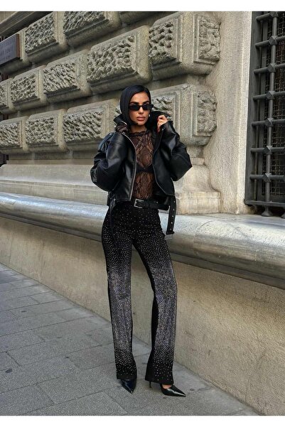 GLAMMOSS L'Atelier Taş Detaylı Siyah Yüksek Bel Palazzo Jean GLM-586