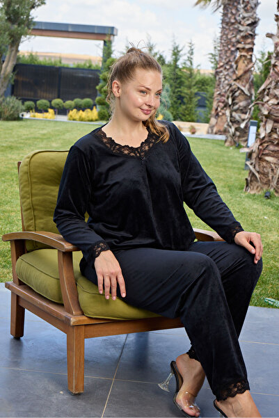 Miss Meryem Siyah Yumuşak Dokulu, Şık ve Rahat Fransız Kadife Büyük Beden Dantelli Pijama Takım